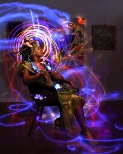 ​​ Long exposure portrait of artist Jennifer Kikia-Yang in her original costume design 'Mother Nature' at The Sharpie Gallery, Treasure Island. Light painting photography shot by Linda Costa Cheranichit in total darkness in front of a live audience and projected during the Pop-Up art event "A Night in the Garden".