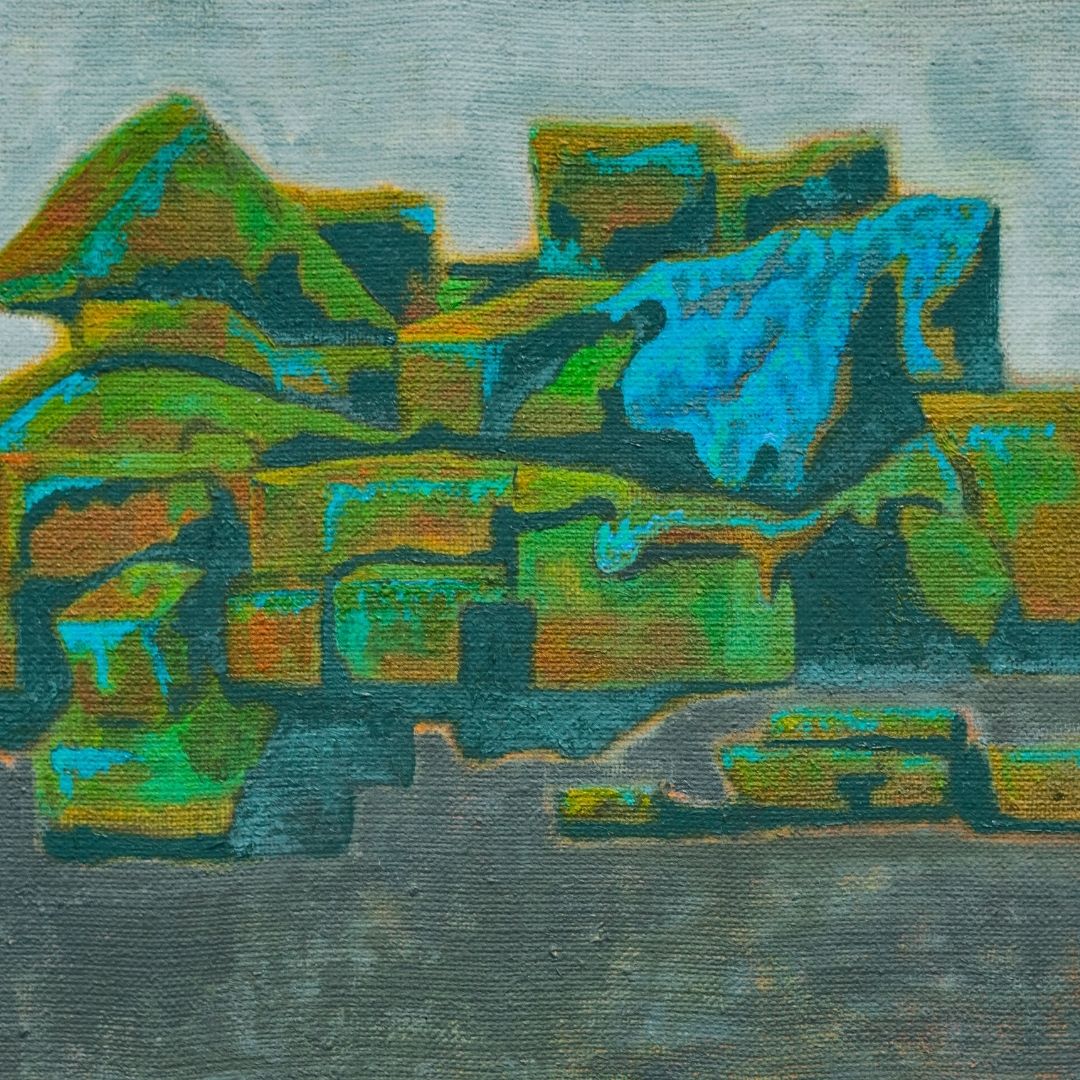 An abstract painting inspired by piles of debris is on display at The Gallery at Creative Pinellas in Largo. 