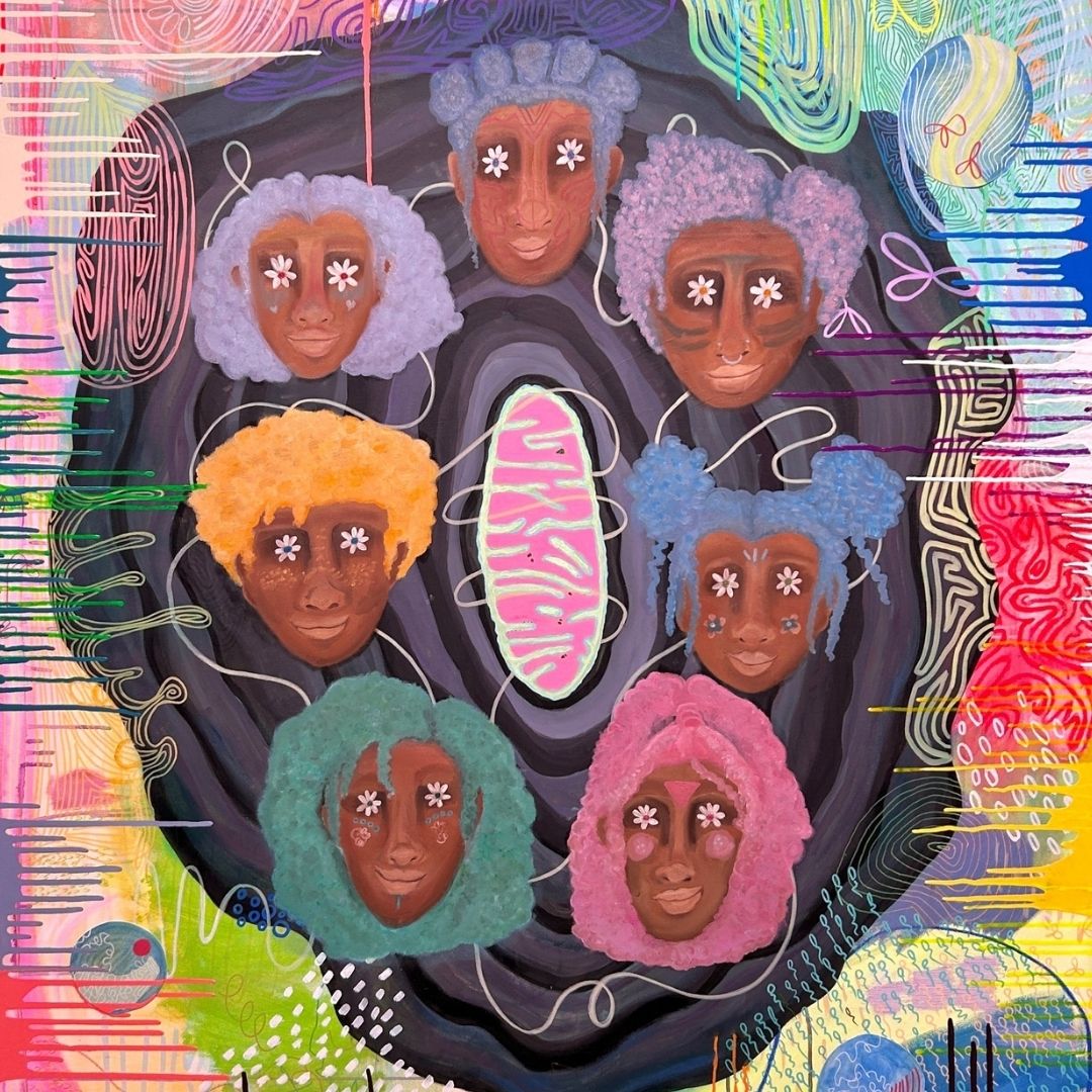 An artwork depicts seven women with flowers for eyes. 