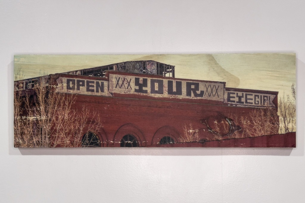 Open your eye girl, graffiti, brick building, photo transferred to wood, Luci Westphal